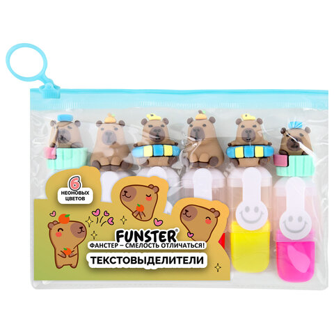 Набор текстовыделителей с топперами 6 ЦВЕТОВ НЕОН, «КАПИБАРЫ», линия 1-4 мм, FUNSTER (ФАНСТЕР)