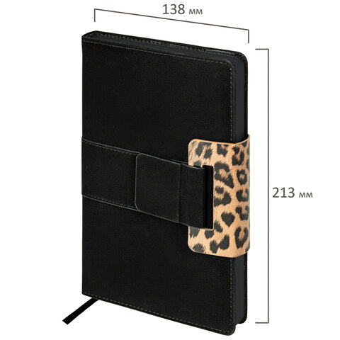 Ежедневник недатированный А5 138×213 мм, BRAUBERG «Safari», под кожу, магнит, 160 л., Leopard, черный