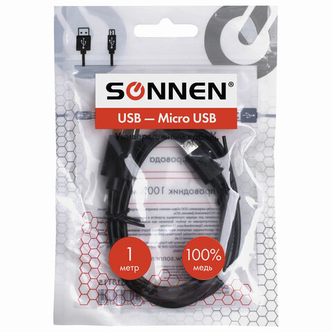 Кабель USB 2.0-micro USB, 1 м, SONNEN, медь, для передачи данных и зарядки, черный