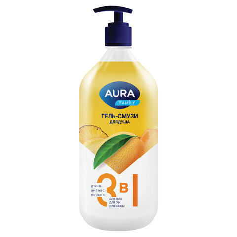 превью Гель-смузи для душа 3 в 1 для тела, рук и ванны 1 л, AURA FAMILY «Дыня, ананас, персик», дозатор