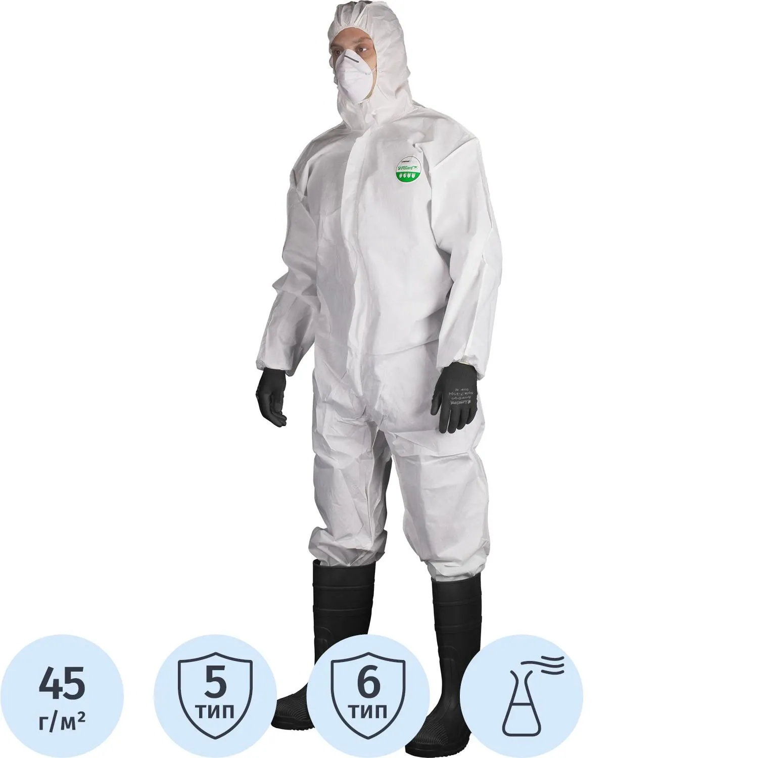 Комбинезон одноразовый с капюшоном Lakeland SafeGard 76 белый 45 г/кв.м (размер 58-62, XXL, ES428)
