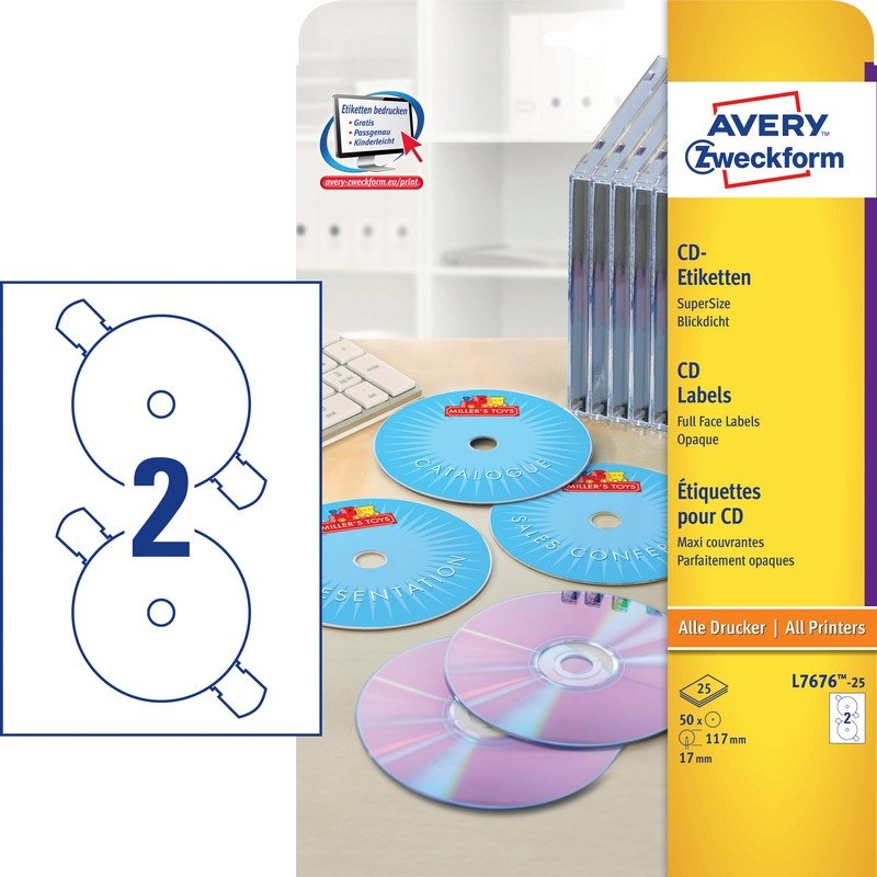 Этикетки для CD/DVD Avery Zweckform Z-L7676-25 (A4, 2 шт. на листе, D 117мм, 25 листов, белые матовые)