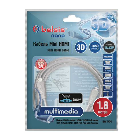 Кабель HDMI-mini HDMI, 1.8 м, BELSIS, M-M, 2 фильтра, для передачи цифрового аудио-видео, BW1454