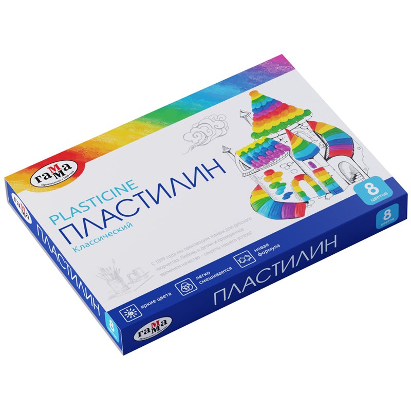 Пластилин классический ГАММА «Классический», 8 цветов, 160 г, со стеком, картонная упаковка