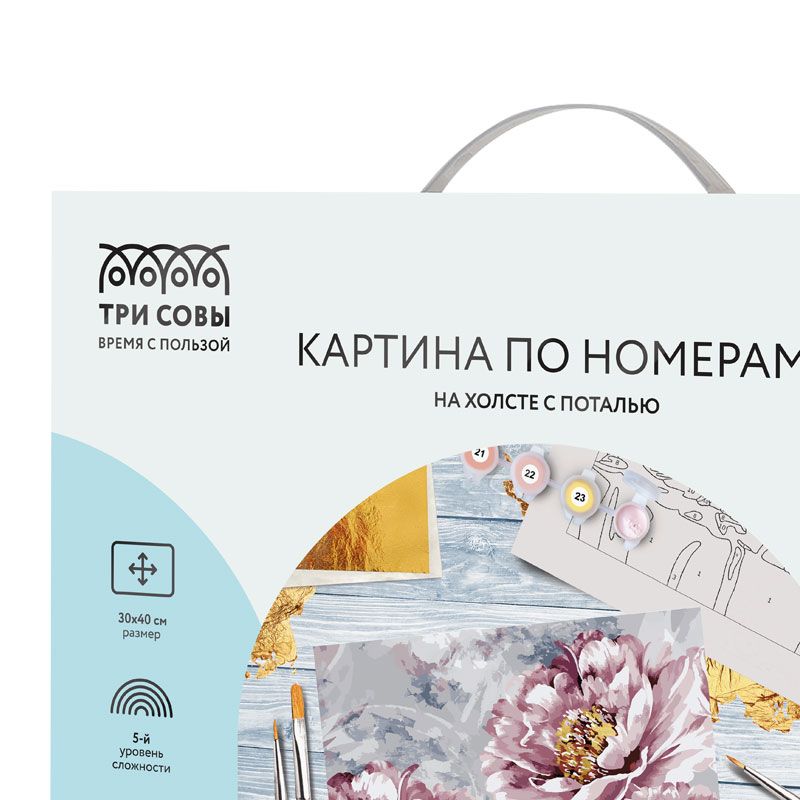превью Картина по номерам на холсте ТРИ СОВЫ «Нежные пионы», 30×40, с поталью, акриловыми красками и кистями