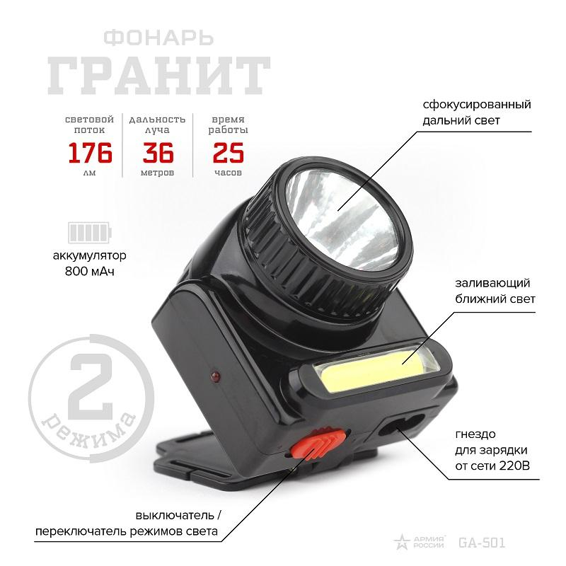 Фонарь налобный АРМИЯ РОССИИ GA-501 Гранит(3Вт COB+3Вт LED, аккум)(Б0030185)