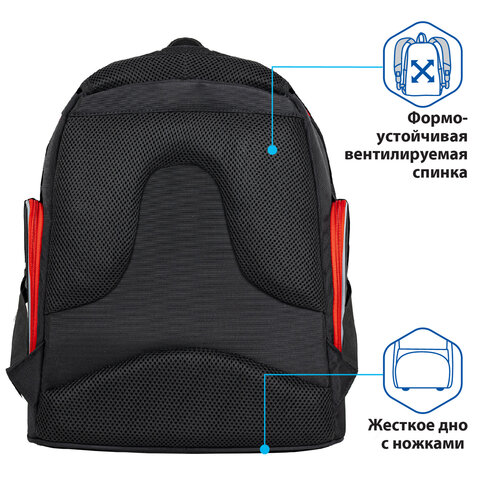 Рюкзак BRAUBERG CLASSIC, легкий каркас, премиум материал, «Motorbike», черный, 37×32×21 см