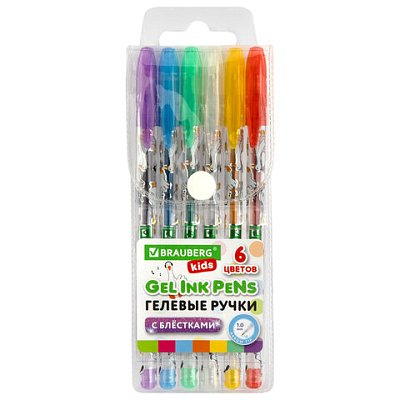 Ручки гелевые С БЛЕСТКАМИ BRAUBERG KIDS «CUTE ANIMALS», НАБОР 6 ЦВЕТОВ, корпус с печатью, узел 1 мм, линия письма 0.7 мм