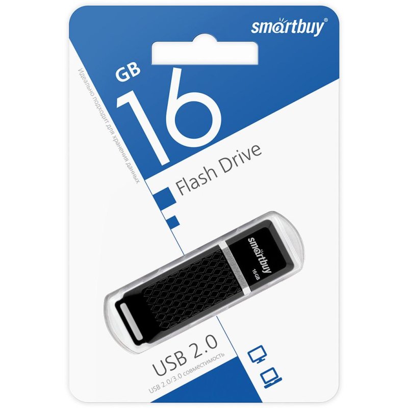 Флэш-диск 16 GB, SMARTBUY Quartz, USB 2.0, черный