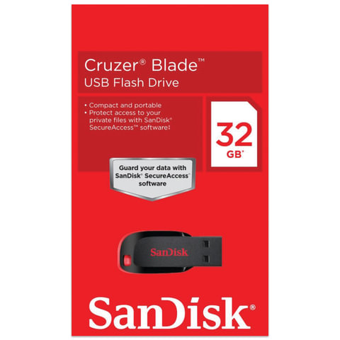 Флэш-диск SANDISK, 32 GB, Cruzer Blade USB 2.0, скорость чтения/ записи - 26/18 Мб/сек. 