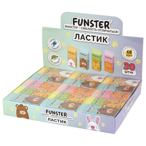 Ластик FUNSTER (ФАНСТЕР) «ANIMALS», 50×24х10 мм, прямоугольный, картонный держатель, экологичный ПВХ, ассорти