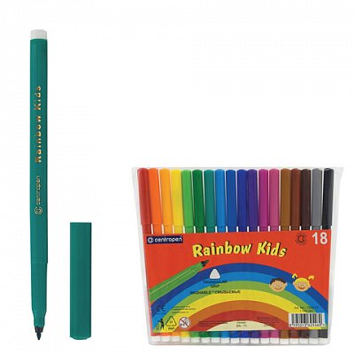 Фломастеры CENTROPEN «Rainbow Kids», 18 цветов, смываемые, эргономичные, вентилируемый колпачок