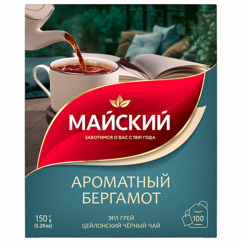 Чай МАЙСКИЙ «Ароматный бергамот» черный цейлонский байховый, 100 пакетиков по 1.5 г
