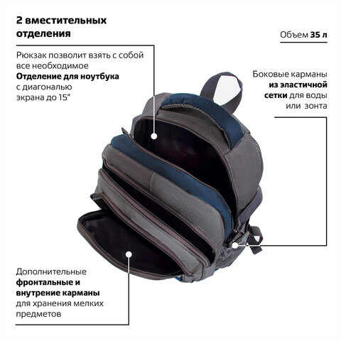 Рюкзак BRAUBERG «MainStream 2», 35 л, размер 45×32×19 см, ткань, серо-синий