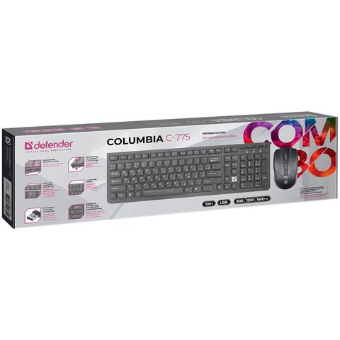Набор беспроводной DEFENDER Columbia C-775RU, USB, клавиатура, мышь 3 кнопки + 1 колесо-кнопка, черный