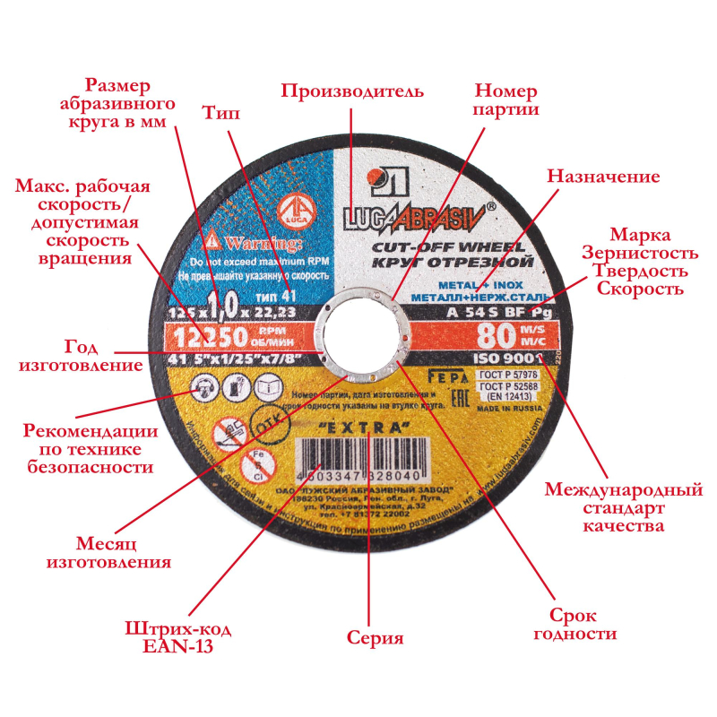 Диск отрезной по мет/нерж. ст. ЛУГА d115×1.6×22.2мм, А40, EXTRA,25шт/уп. (3684)