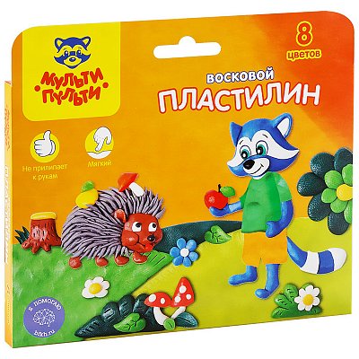 Пластилин Мульти-Пульти «Енот в лесу», 08 цветов, 120г, восковой, со стеком, картон, европодвес