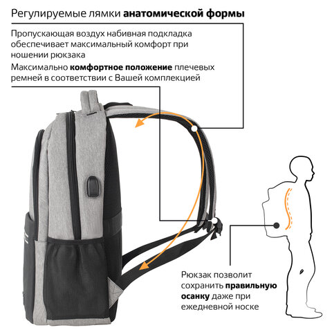 Рюкзак BRAUBERG URBAN универсальныйс отд. для ноутбукаUSB-портDetroitсер46×30х16 см,229894