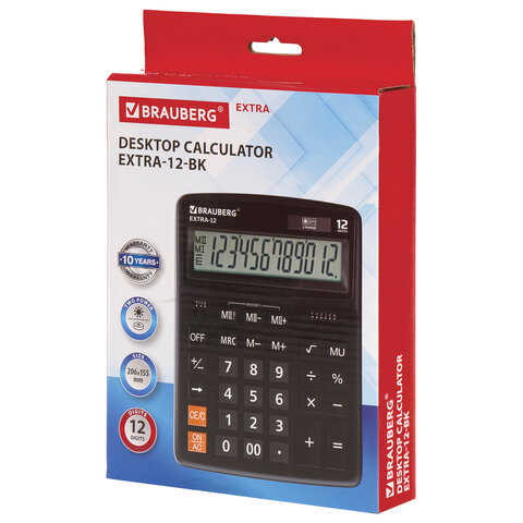 Калькулятор настольный BRAUBERG EXTRA-12-BK (206×155 мм), 12 разрядов, двойное питание, ЧЕРНЫЙ