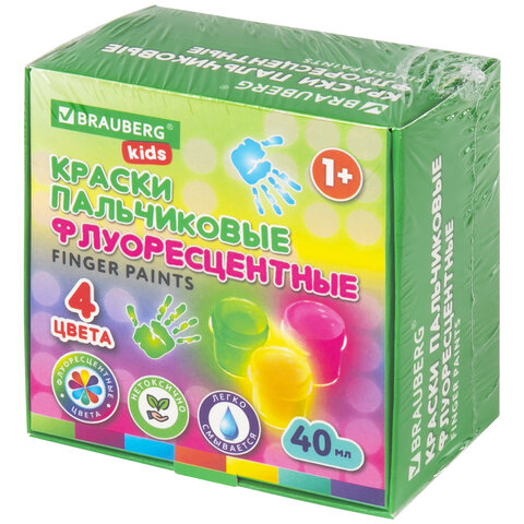 Краски пальчиковые флуоресцентные для малышей от 1 года, 4 цвета по 40 мл, BRAUBERG KIDS