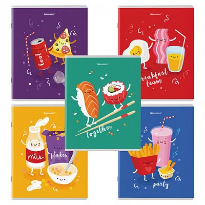 Тетради КОМПЛЕКТ 5 шт. А5, 48 л., BRAUBERG, скоба, клетка, TWIN лак, «Funny Food»