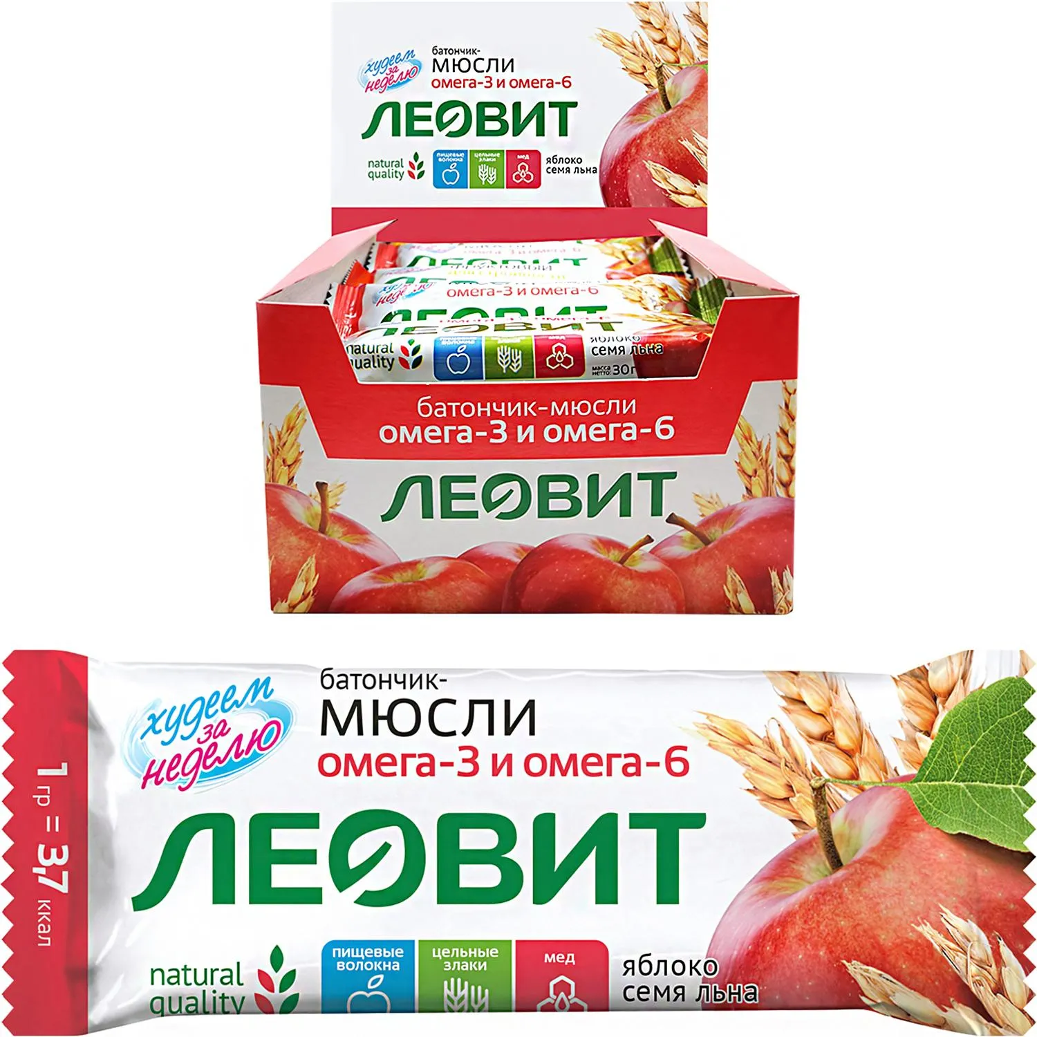 превью Батончик мюсли Леовит с яблоком и семенами льна (26 штук по 30 г)
