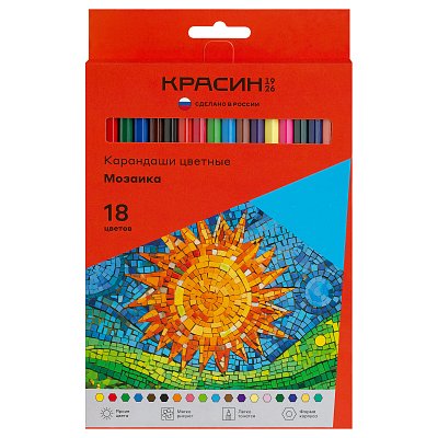 Карандаши цветные Красин «Мозаика», 18цв., шестигран., заточен., картон, европодвес