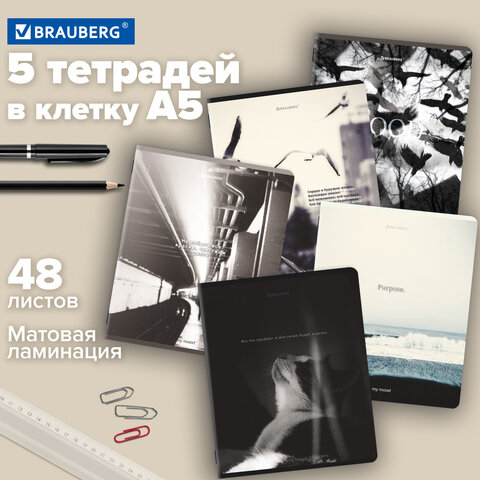 Тетради ДЭК А5 48 л. КОМПЛЕКТ 5 шт. BRAUBERG скоба, клетка, матовая ламинация, MOOD