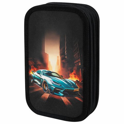 превью Пенал ЮНЛАНДИЯ, 3 отделения, картон с эффектом soft-touch, 19×11 см, «Fire car»