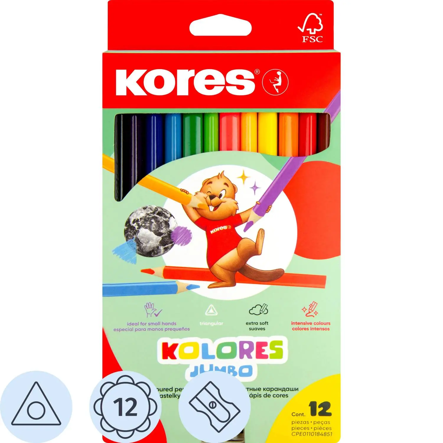 превью Карандаши цветные Kores Jumbo 12 карандашей 12 цветов трёхгранные (утолщённые, 93512.01)