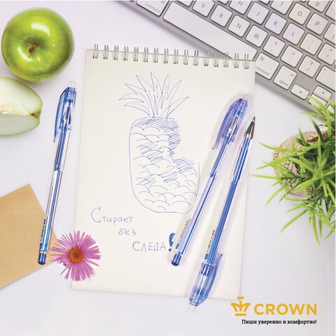 Ручка стираемая гелевая CROWN «Erasable Jell», СИНЯЯ, узел 0.5 мм, линия письма 0.34 мм