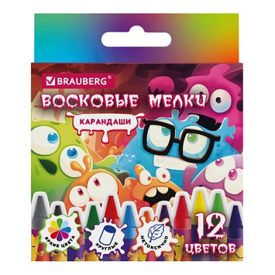 Восковые мелки BRAUBERG «CUTE MONSTERS», 12 цветов