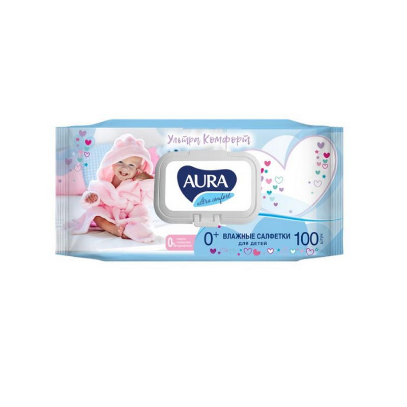 Влажные салфетки детские Aura Ultra comfort 100 штук в упаковке