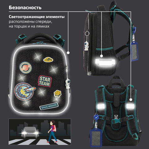 Ранец BRAUBERG PREMIUM, 2 отделения, с брелком, «Space mission», LED ЛАМПОЧКИ, 38×29х16 см