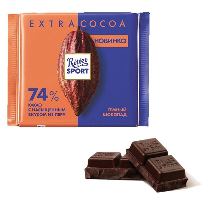 превью Шоколад RITTER SPORT темный 74% какао, насыщенный вкус из Перу, 100 г, Германия