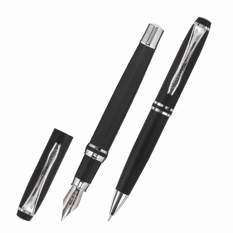 Набор ручек подарочных BRAUBERG Duetto, СИНИЕ, 2 шт: шариковая, перьевая, черный с хромированными деталями