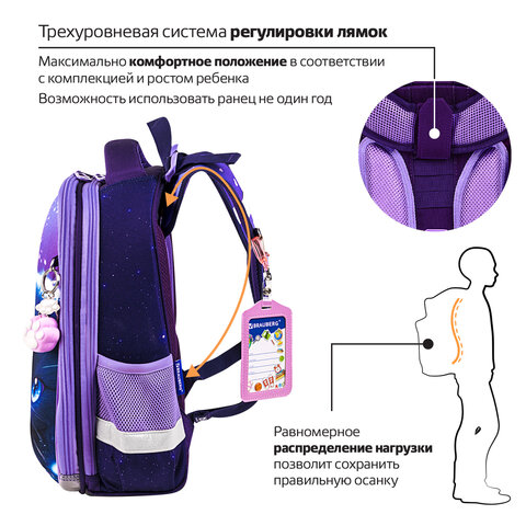 Ранец BRAUBERG PREMIUM, 2 отделения, с брелоком, «Anime cat», 38×29х16 см