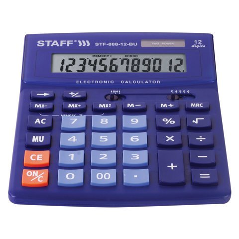 Калькулятор настольный STAFF STF-888-12-BU (200×150 мм) 12 разрядов, двойное питание, СИНИЙ, 250455