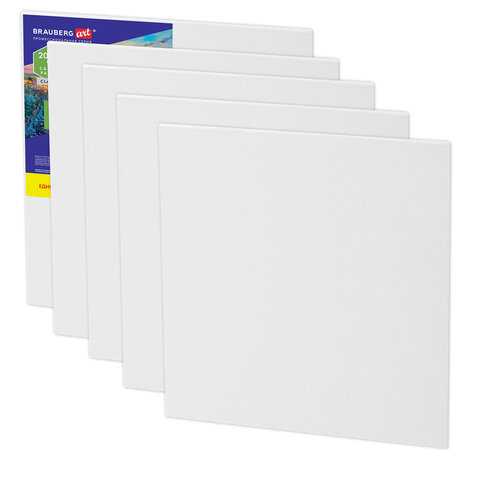 Холсты на картоне НАБОР 5 штук (20×20 см), хлопок, 280 г/м2, грунт, BRAUBERG ART CLASSIC