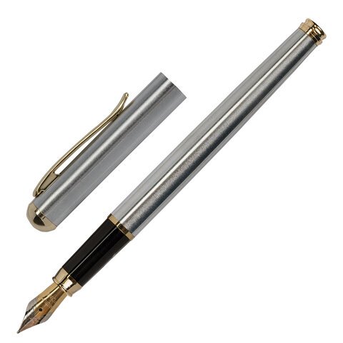 Ручка подарочная перьевая BRAUBERG Maestro, СИНЯЯ, корпус серебристый с золотистыми деталями, линия письма 0.25 мм