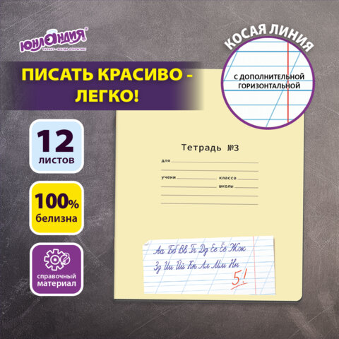 Тетрадь УЧУСЬ ПИСАТЬ №3 12л. косая линия с ДОПОЛНИТЕЛЬНОЙ ГОРИЗОНТАЛЬНОЙ, со справочным материалом, ЮНЛАНДИЯ