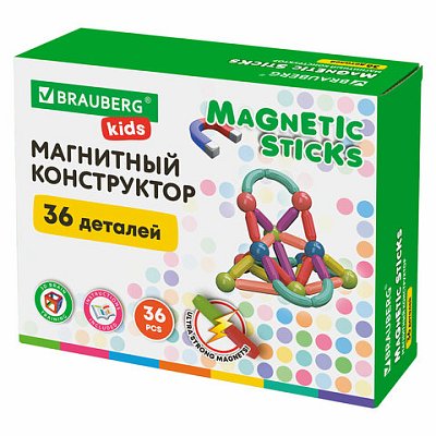 Магнитный конструктор MAGNETIC STICKS, 36 магнитных деталей, BRAUBERG KIDS