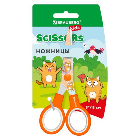 Ножницы 130 мм оранжевыес цветной печатью «Котики»закругленныеBRAUBERG KIDS238351
