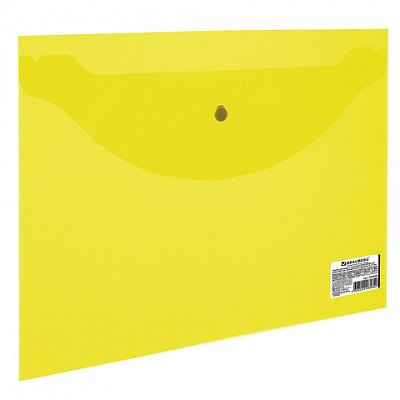 Папка-конверт с кнопкой BRAUBERG, А5, 240х190 мм, прозрачная, желтая, 0,15 мм