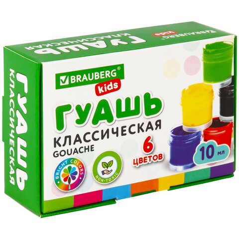 Гуашь BRAUBERG KIDS «NEW», 6 цветов по 10 мл