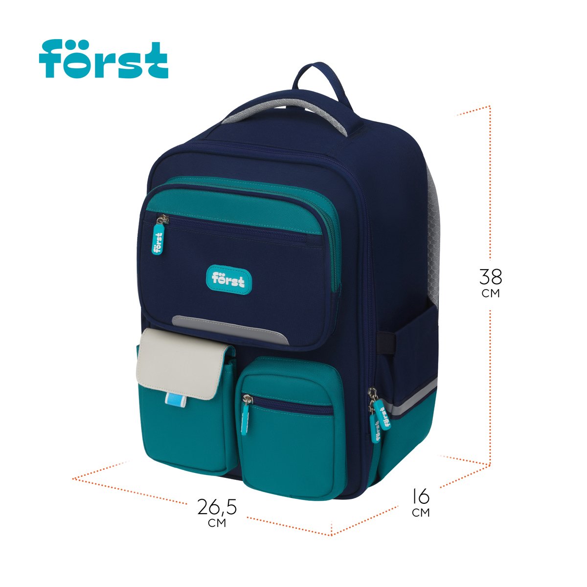 Ранец Först F-Style «Blue» 38×26.5×16 см, 1 отделение, 6 карманов, анатомическая спинка