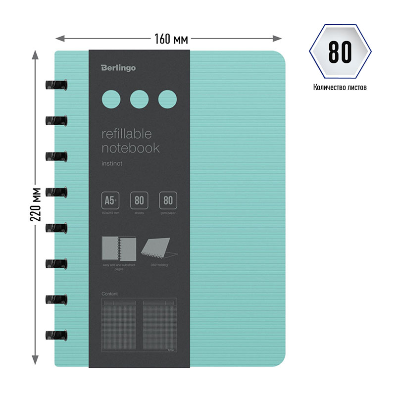Бизнес-тетрадь A5+, 80л., Berlingo «Instinct», клетка, на кольцах, с возм. зам. блока, 80г/м2, пластик(полифом) обл, линейка-закладка, мятный/черный
