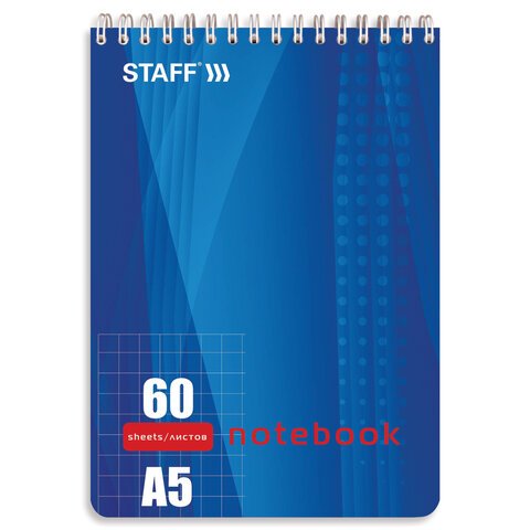 Блокнот А5, 60 л., гребень, жесткая подложка, клетка, STAFF, 4 вида, 146×206 мм