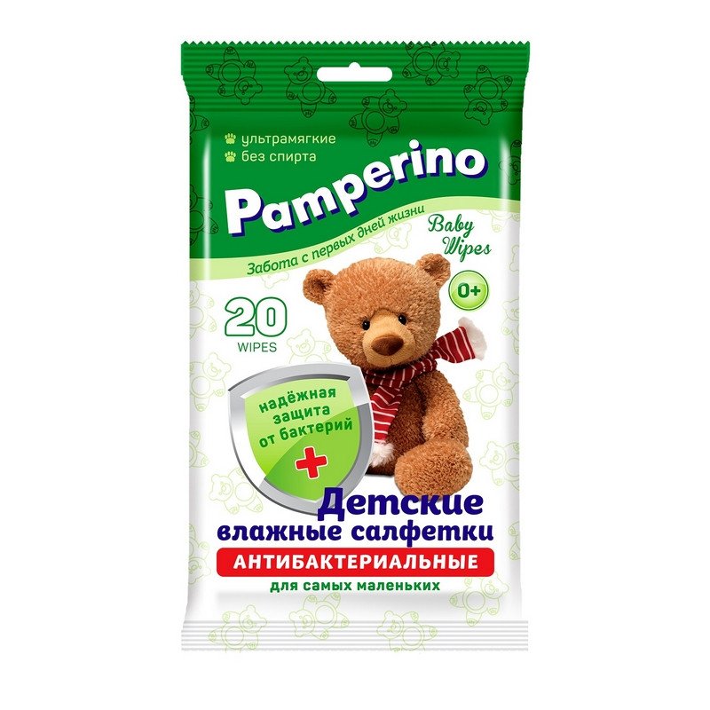 превью Влажные салфетки детские антибактериальные Pamperino 20 штук в упаковке