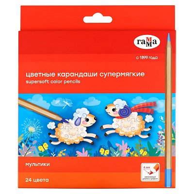 Карандаши цветные Гамма «Мультики», 24цв., супермягкие, увелич. диаметр грифеля 4.0мм, заточен., картон. упак., европодвес